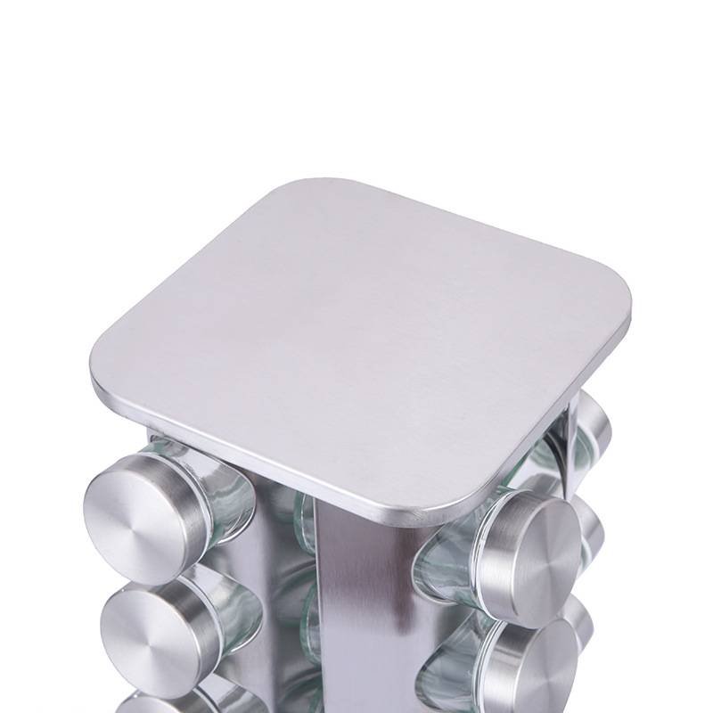 Modern stainless steel rounded corner rotating spice rack with 12 empty glass jars (88 ml each)