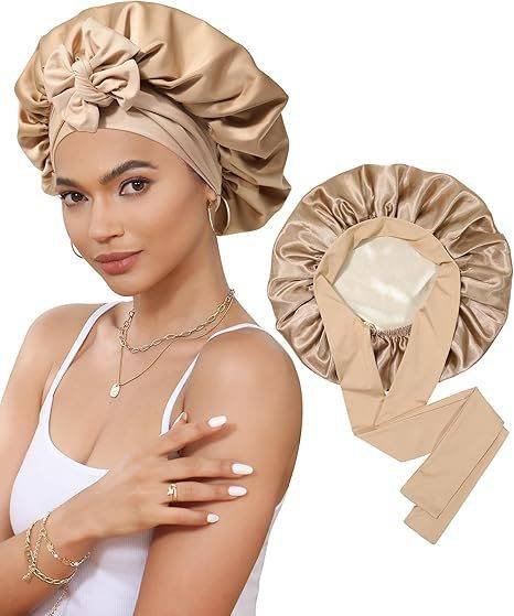 Luxury Double-Sided Satin Bonnet with Elastic Band(Khaki + beige lining)