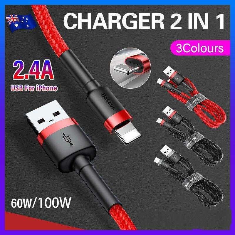 Baseus USB Charging Cable Data Charger Cord For iPhone 13 12 11 XS XR 8 7 iPad 1PC 1M - Red+ Red