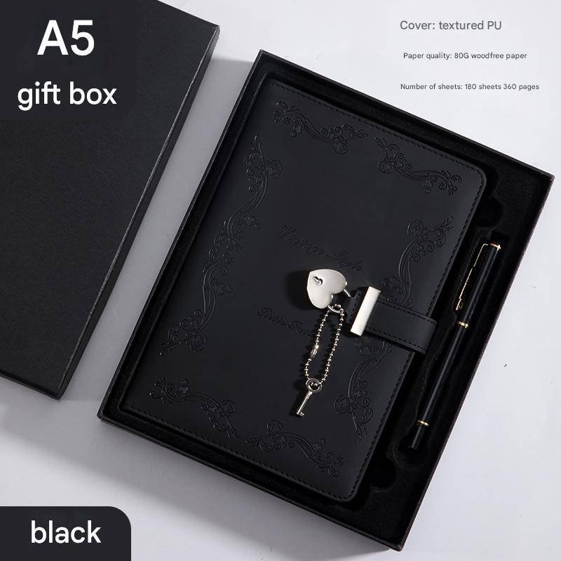 Heart Lock Diary with Key - Vintage Style Journal, Black PU Leather, Secure and Elegant