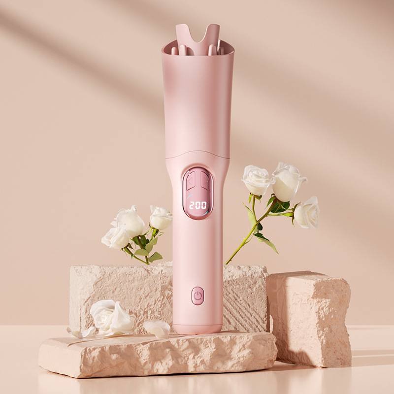 Pink Portable Cordless Hair Curler - USB-C Rechargeable Automatic Hair Waver with Ceramic Barrel & Anti-Scald Design