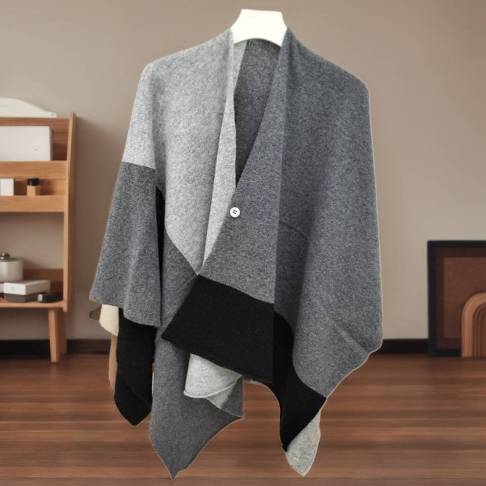Grey Pure Wool Extra Large Shawl Scarf Color Block Multi-functional Warm Cashmere Cape Poncho