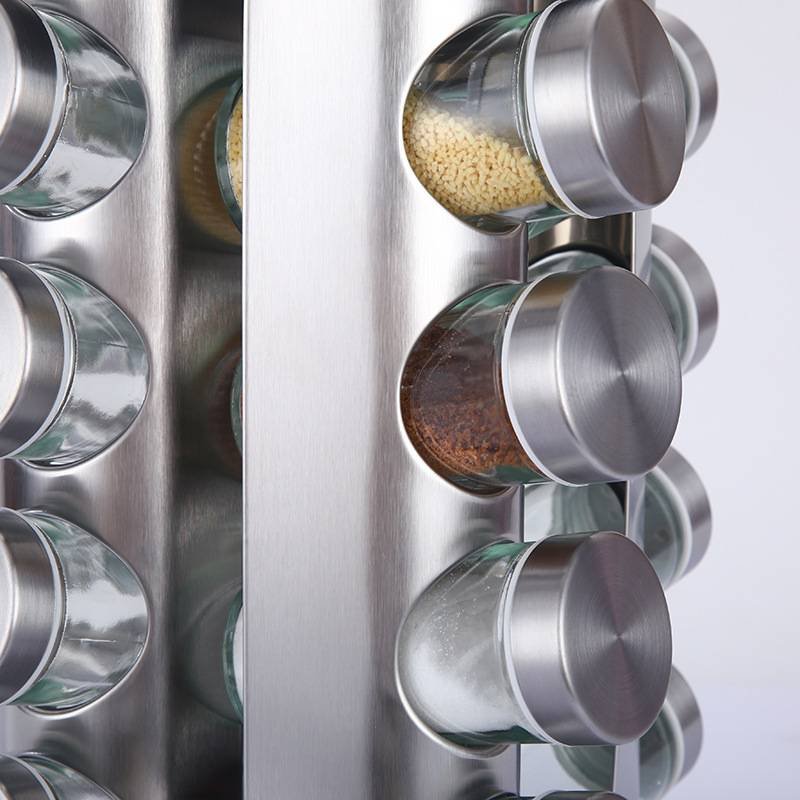 Modern stainless steel round rotating spice rack with 12 empty glass jars (88 ml each)
