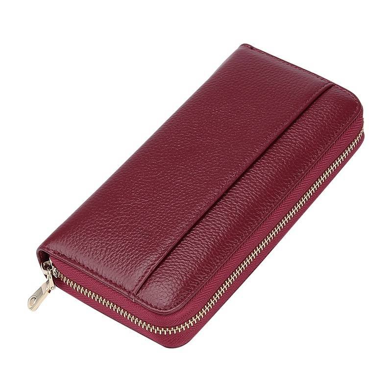 Wine Red Premium Genuine Leather RFID Blocking Long Wallet - Unisex Multi-Card Organizer Clutch with Zip-Around Closure