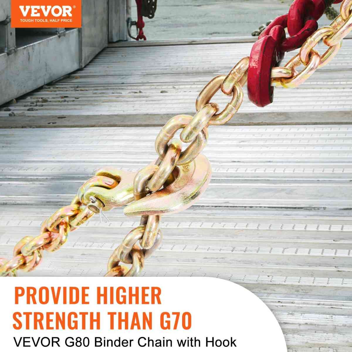 VEVOR Transport Binder Chain, 2222 kg Working Load Limit, 5/16''x20' G80 Tow Chain Tie Down with Grab Hooks, DOT Certified, Galvanized Coating Manganese Steel for Dock Factory Construction Site, 2Pack