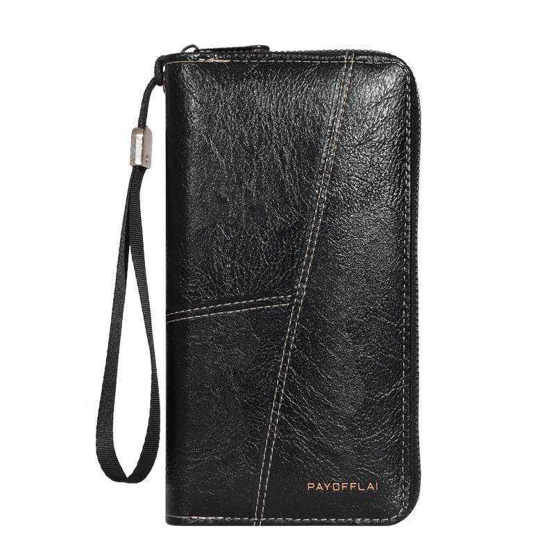 Black Men's Long Zipper Wallet Clutch - PU Leather Wristlet with Phone and Card Slots