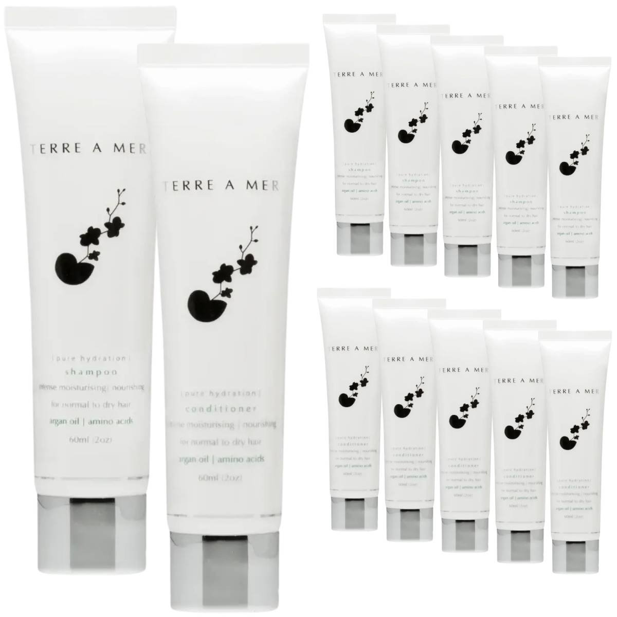 12pc Set Terre A Mer Pure Hydration Amino Acid/Argan Oil Shampoo & Conditioner  - 60ml Travel Size