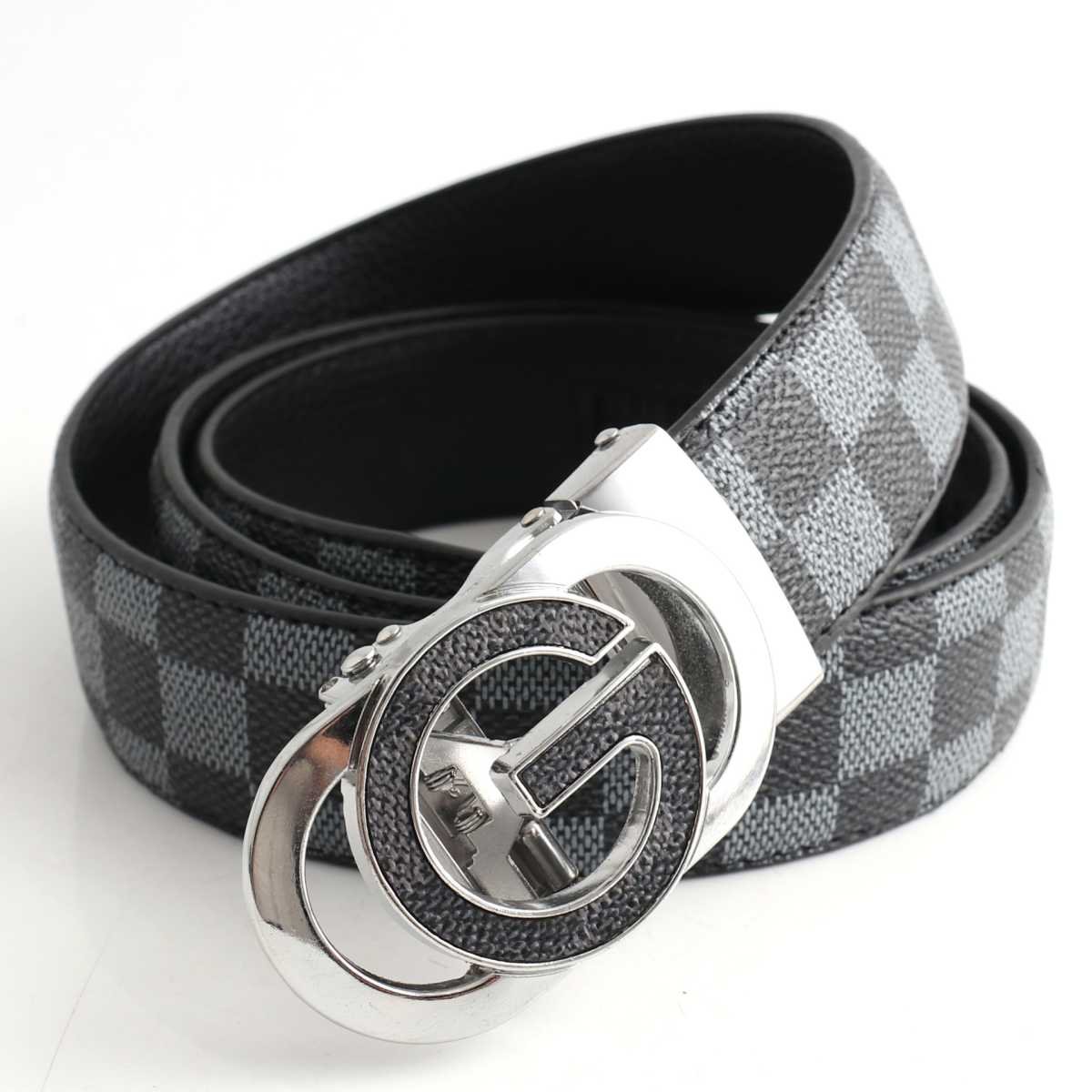 Luxury Designer Style PU Leather Belt,Automatic Buckle(G-patterned black-gray belt + silver buckle)