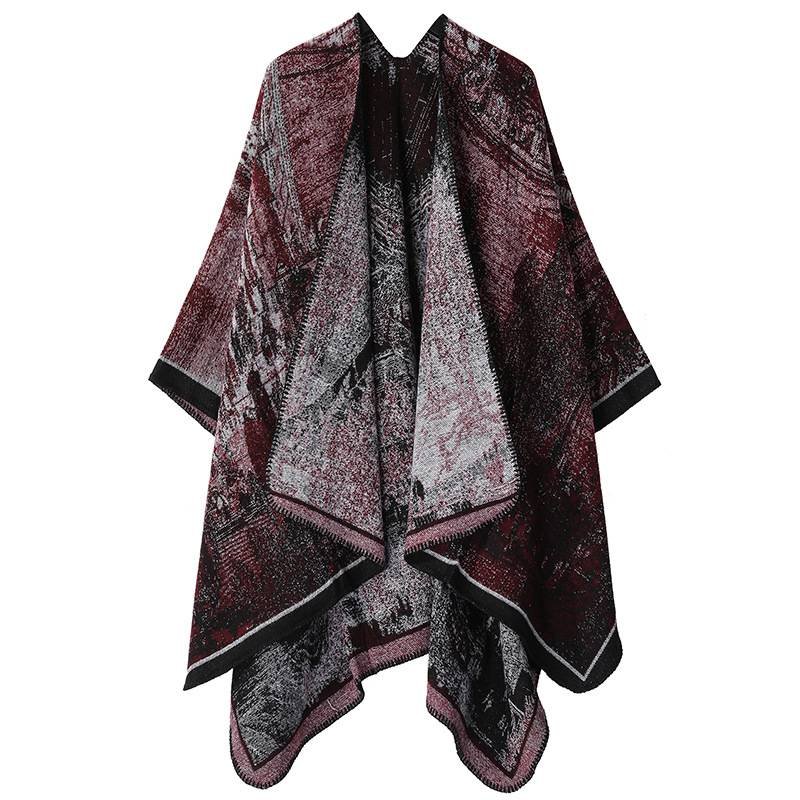 Faux Cashmere Shawl (Qingming Scroll Print) - Black Red, 160*135cm