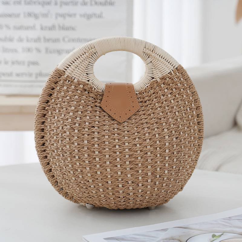 Khaki Boho Circle Straw Bag - Stylish Woven Tote with Round Handles