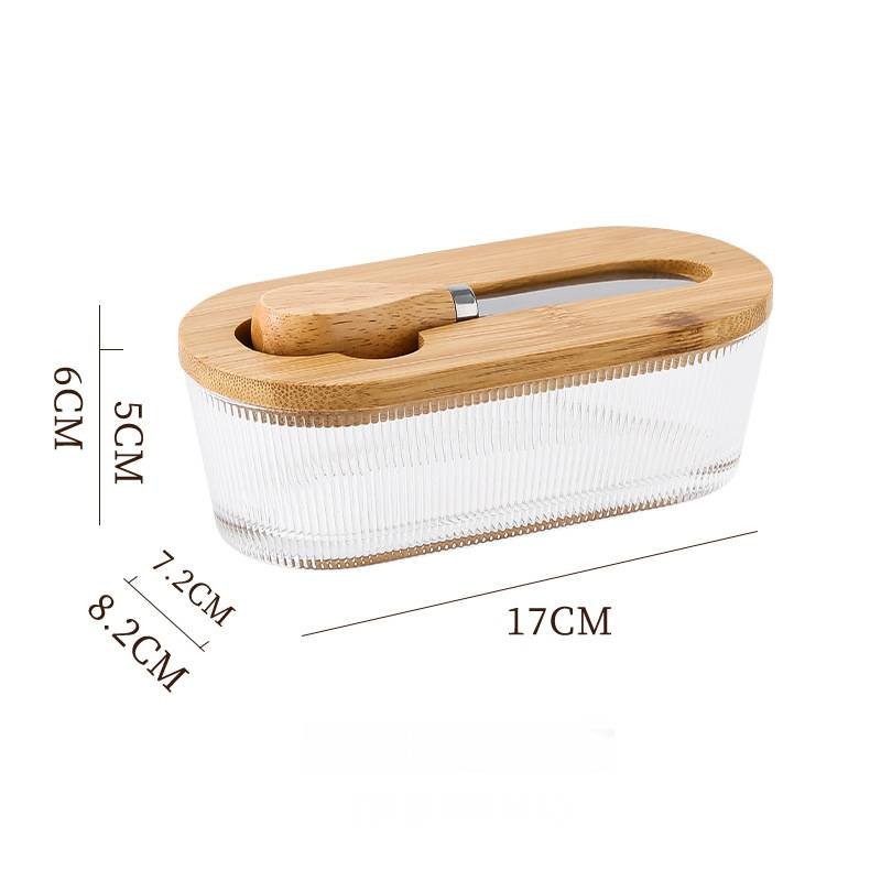 Natural wood color - stripes Elegant Glass Butter Dish with Wooden Lid & Matching Spreader - Sealed Butter Keeper for Freshness