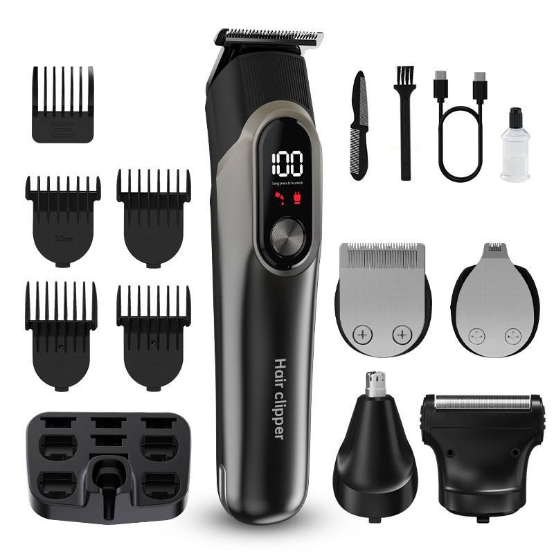 Grey 5-in-1 Digital Display Hair Clipper Set - Adjustable Multifunctional Trimmer for Hair, Beard, and Precision Grooming