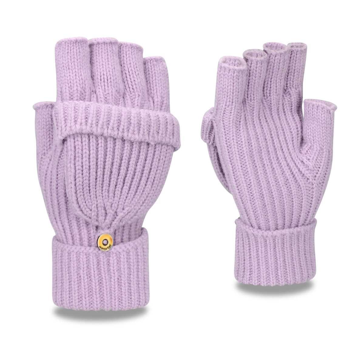 Purple Winter Convertible Mittens - Warm Knitted 2-in-1 Fingerless Gloves with Flip Top Cover for Cold Weather
