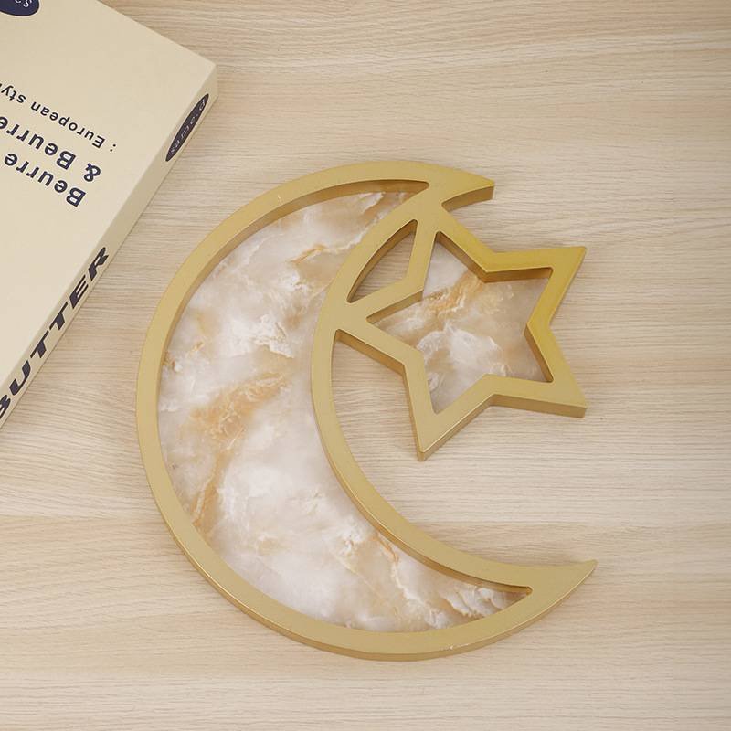 2 Pcs Gold Marble Effect Elegant Celestial Moon & Star Serving Tray - Gold Finish Decorative Platter for Home & Holidays