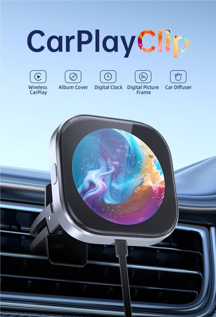 Wireless CarPlay Adapter with 1.6" Multi-Functional Screen, Car Diffuser & 360 Vent Clip(silver)