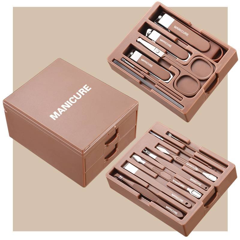 Coffee Professional 13-Piece Manicure & Pedicure Set - Anti-Splash Carbon Steel Nail Clippers Kit with Compact Drawer Organizer