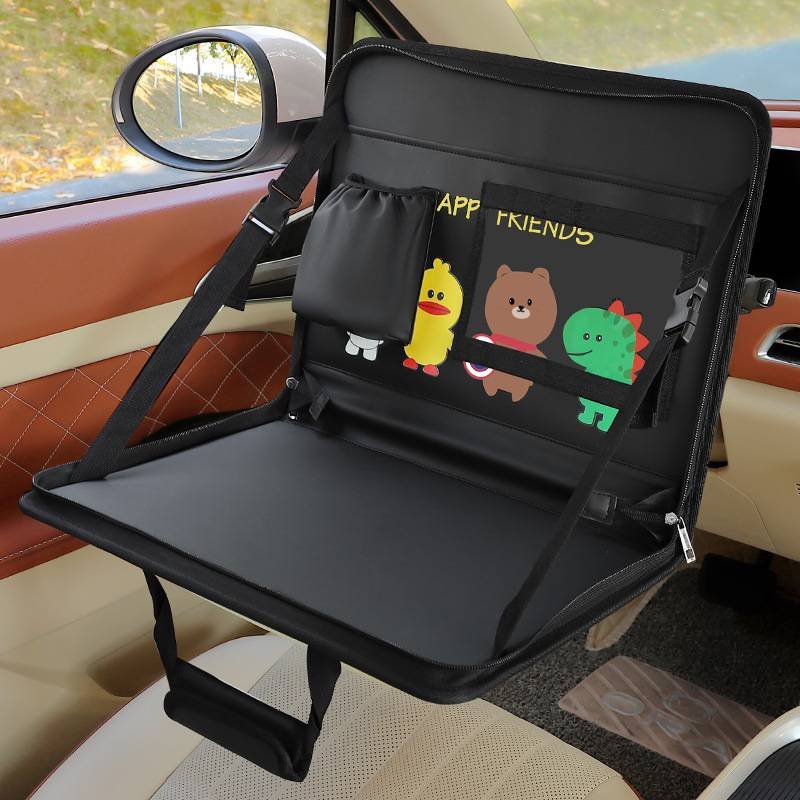 Black Foldable Car Back Seat Organizer Tray - PU Leather Travel Desk with Tablet Holder