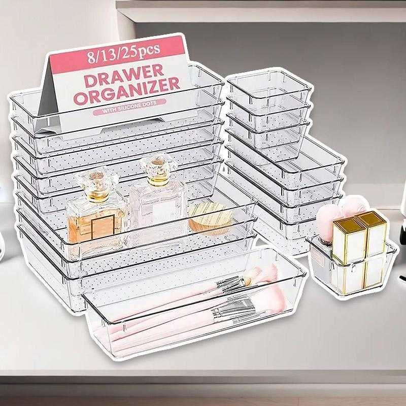 Transparent Plastic Drawer Organiser Set Multifunctional Desktop Storage Box - 13PCS