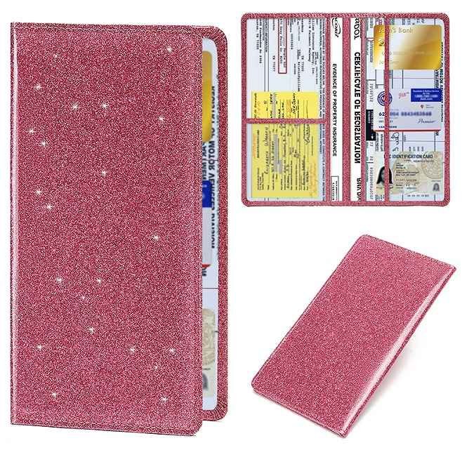 Car Registration and Insurance Holder Rose Red Glitter - Bling Vehicle Document Wallet - Slim Glove Box Organiser for Rego Papers, Logbook & ID Cards - Sparkle Pink PU Leather
