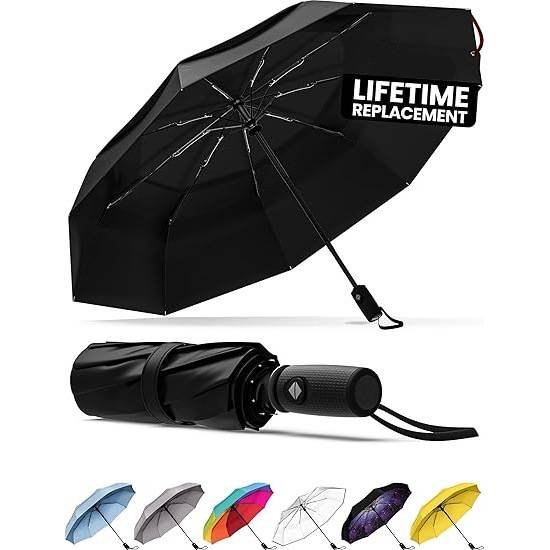 Black Automatic Windproof Travel Umbrella Compact Folding Umbrella Auto Open and Close with Vented Double Canopy for Rain and Sun