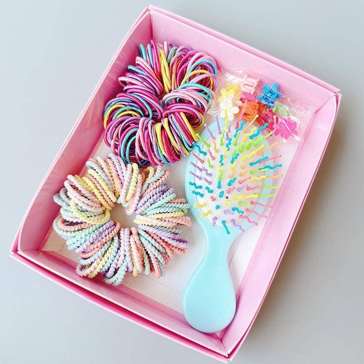 Style 1 Boxed Hair Tie Set with Pink Rubber Bands, Cute Hair Accessories & Mini Comb – Perfect Gift for Girls