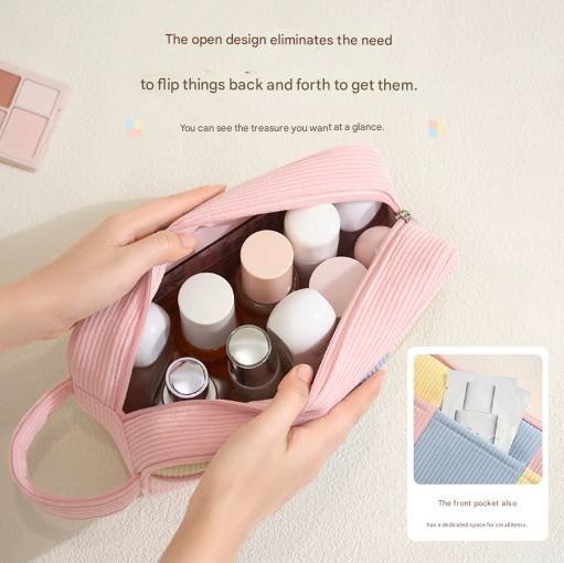 Pink Trendy Color-Block Corduroy Makeup Bag - Large Capacity Travel Cosmetic Organizer with Easy-Access Wide Opening and Portable Handle