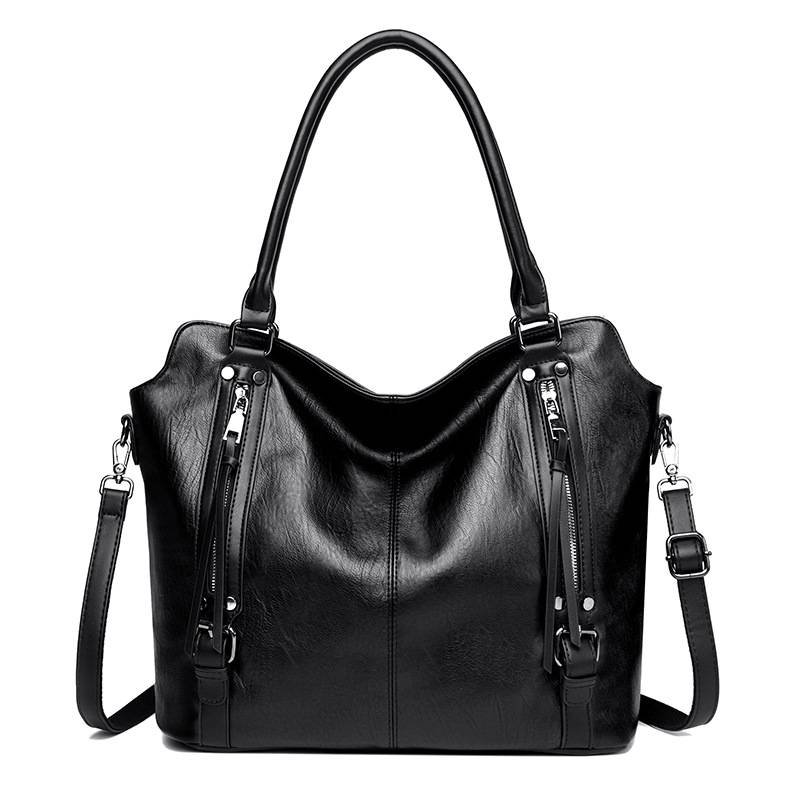 Black Vintage Soft PU Leather Tote Bag | Large Capacity Multi-Pocket Handbag | Convertible Shoulder & Crossbody Bag