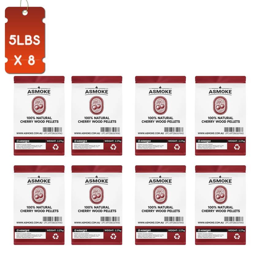 ASMOKE 19kg (40lbs) Premium Cherry Wood BBQ Smoker Pellets Bulk Bundle (8 x 2.27kg Bags)