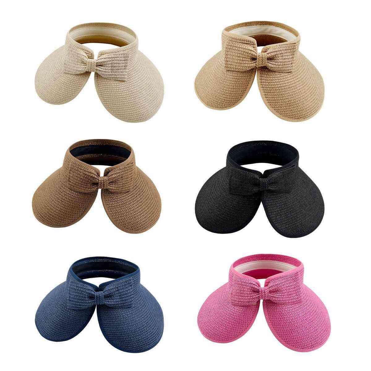 Women Roll Up Sun Visor Wide Brim Straw Hat Summer Foldable UV Protection Cap - Navy Blue