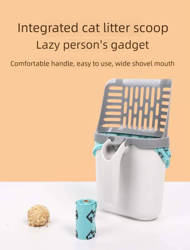 2-in-1 Cat Litter Scoop with Integrated Waste Bin & 8 Rolls Refill Bags Detachable Sifter Shovel Anti-Reflux Baffle Grey