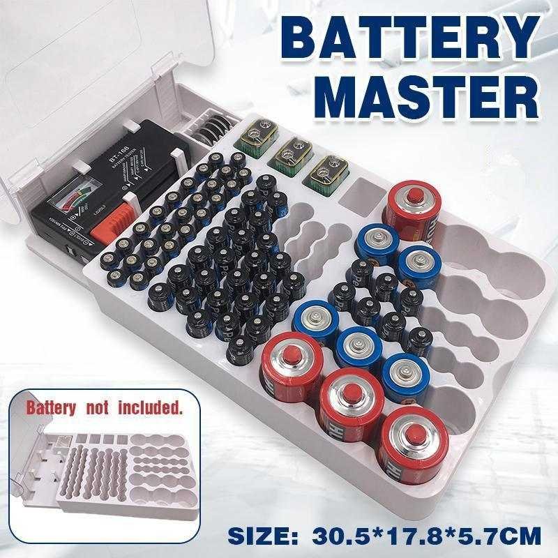 93 Slot Battery Storage Organizer Holder with Tester-Battery Caddy Rack Case Box