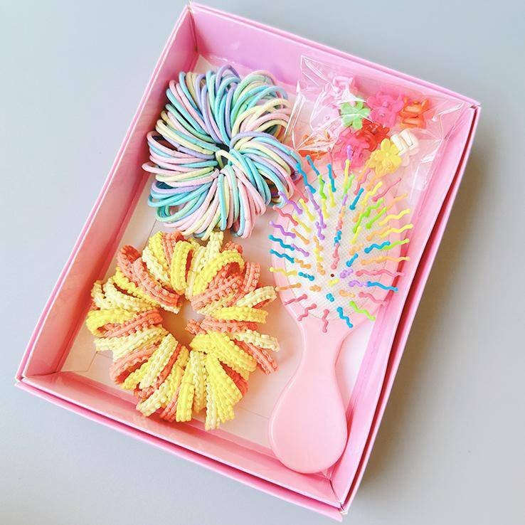 Style 2 Boxed Hair Tie Set with Pink Rubber Bands, Cute Hair Accessories & Mini Comb – Perfect Gift for Girls