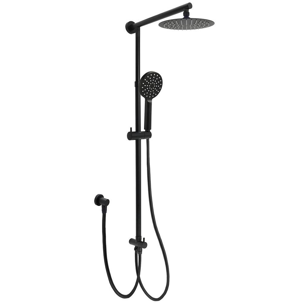 WELS Matt Black Twin Shower 8" Round Head Set 3 Mode Handheld Rose Sliding Rail Elbow Inlet