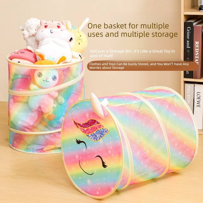 2 Pcs Cute Unicorn Design Foldable Mesh Storage Basket – Rainbow-Colored Toy Organizer for Plushies, Dolls & Kids' Toys