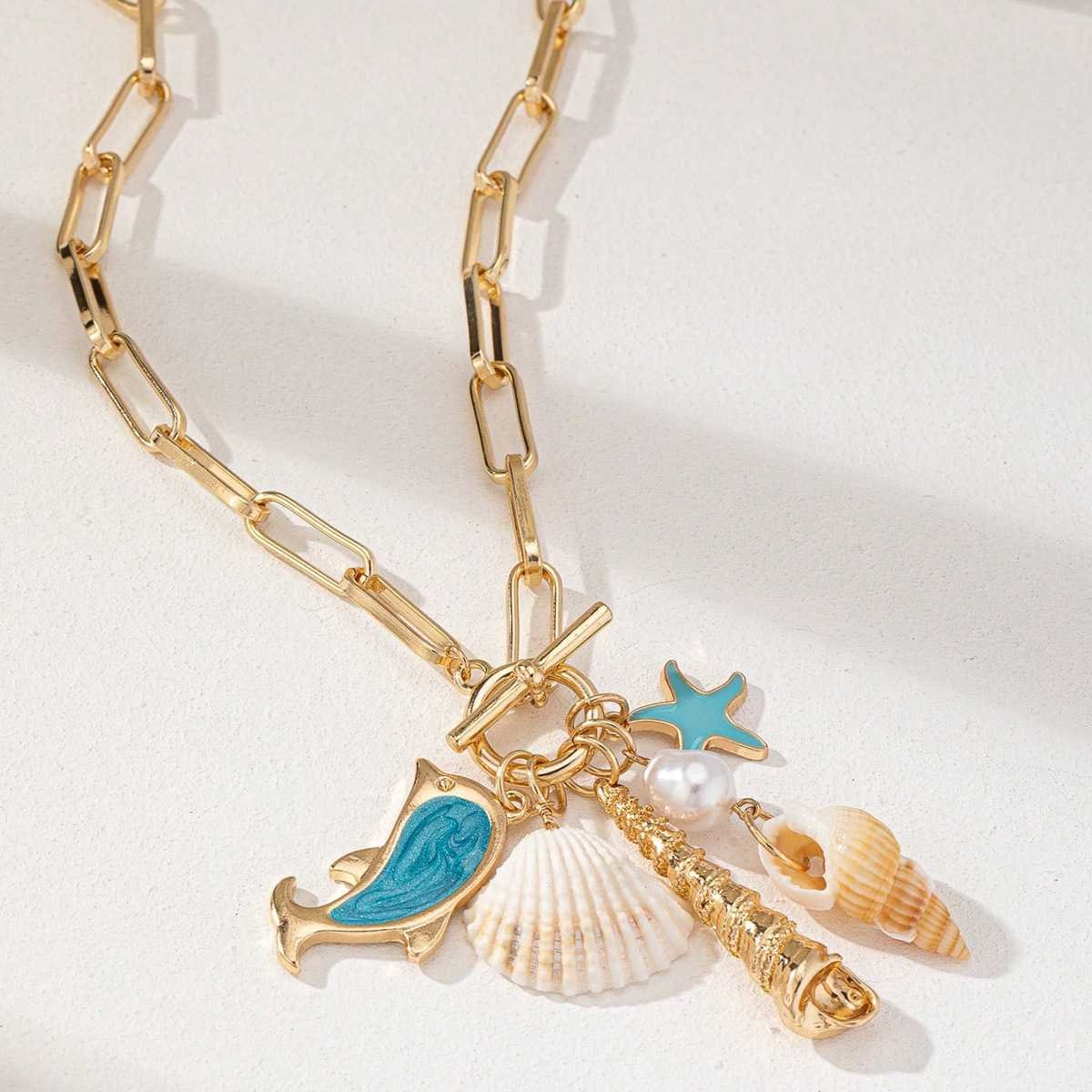 Gold Tone Paperclip Chain Toggle Necklace with Ocean Charms Dolphin Starfish and Seashell Pendant for Summer Beach Holiday