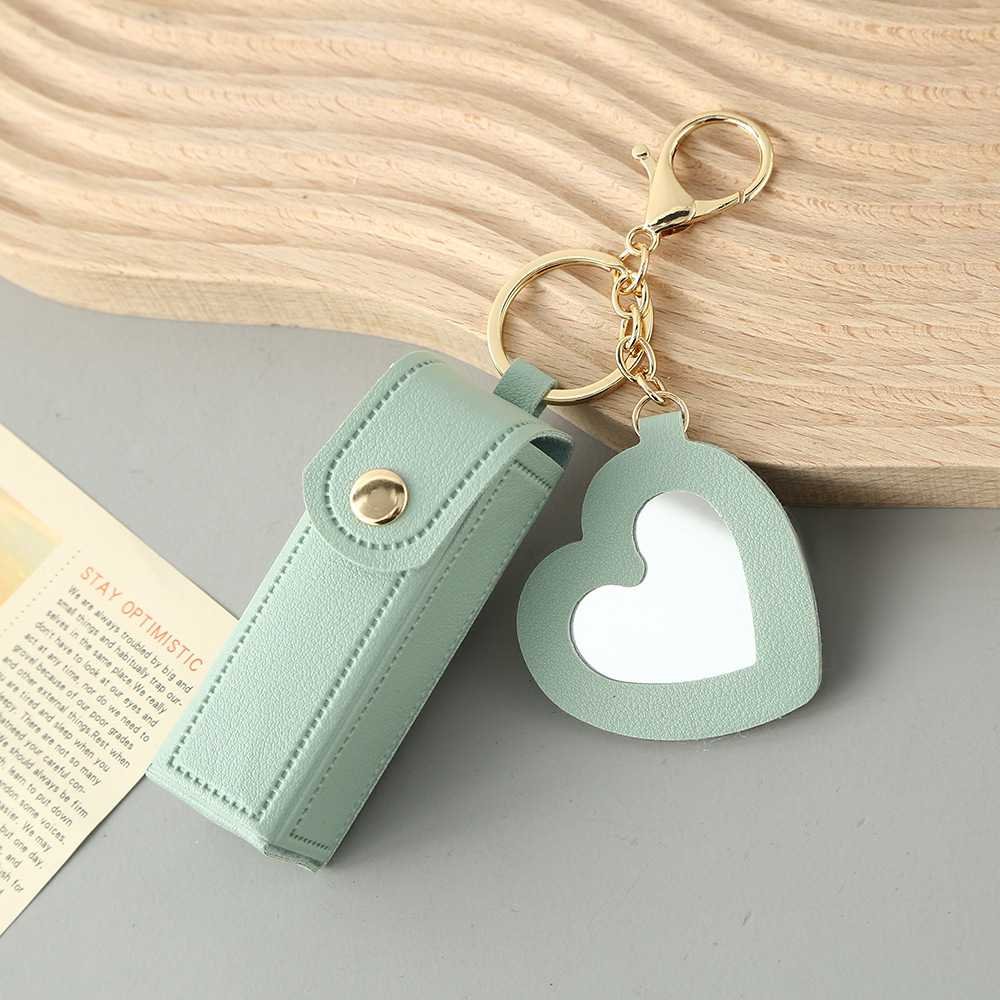Green Portable Lipstick Case with Heart Mirror & Keychain – Cute PU Leather Holder (3-Pack)