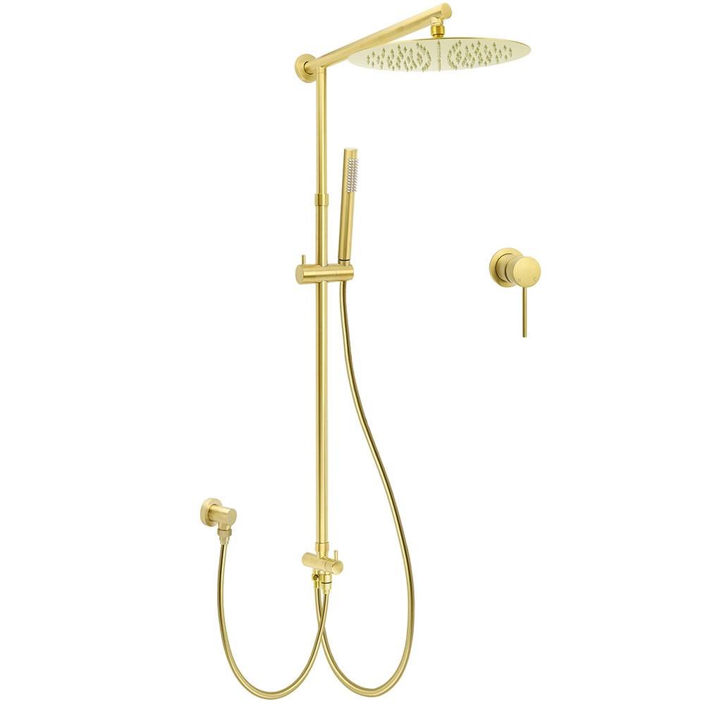 WELS Brushed Gold Dual Large Round Shower Set 12" Rain Head Stainless Steel Handheld Sliding Rail Small Face Mixer
