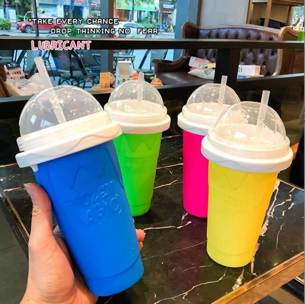 Blue Instant DIY Slushie Squeeze Maker Cup - Food-Grade Silicone Double-Layer Cooling Smoothie Cup with 2-in-1 Straw & Spoon