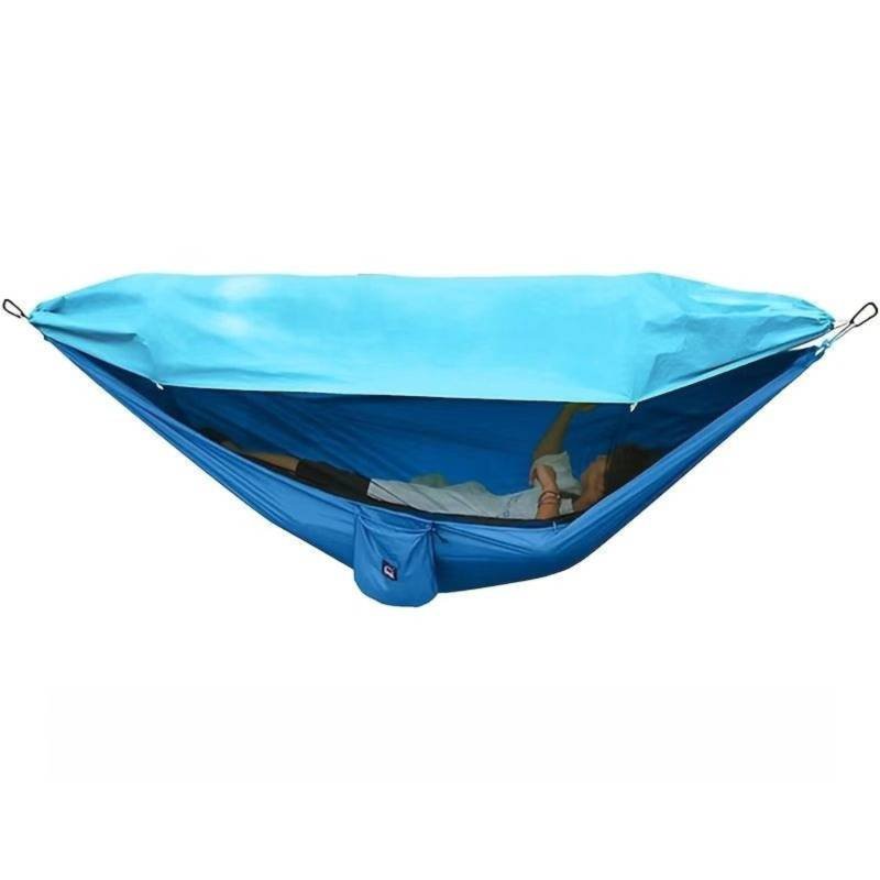 290 x 140CM Professional Nylon Hammock with Integrated Mosquito Net & Sunshade - 2-Person  Anti-Rollover Camping Swing with Heavy-Duty Installation Kit (Blue)