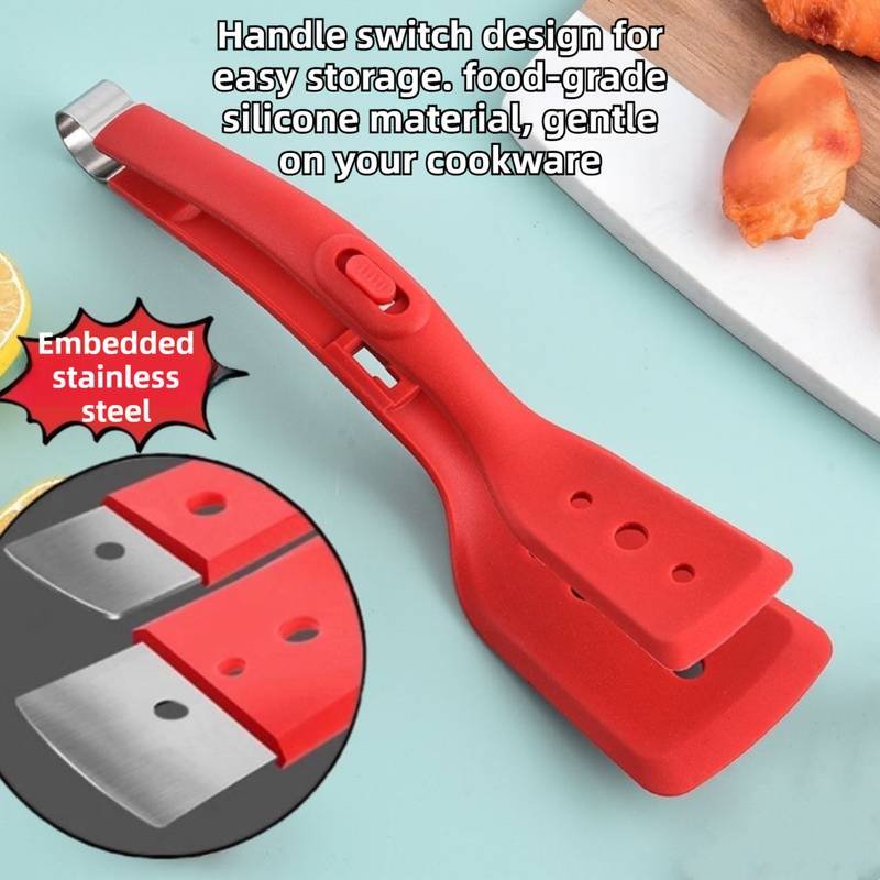 2-in-1 Grey Silicone Spatula Tongs with Locking Clip & Oil Drainage - Non-Stick Heat Resistant Food Flipper & Kitchen Clamp