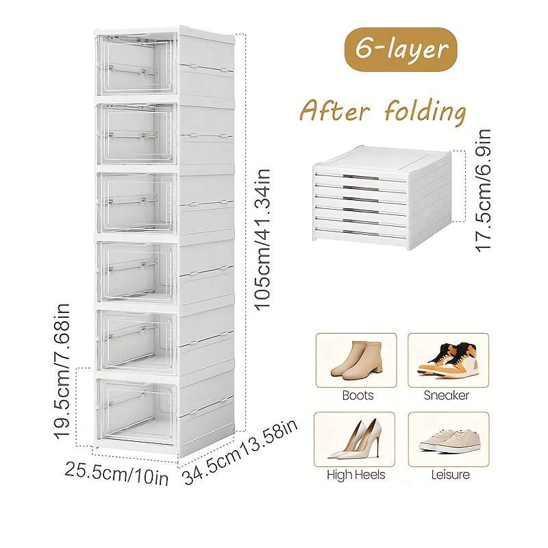 6-Tier Stackable Shoe Storage Box Set, featuring easy-access front-opening waterproof transparent plastic storage bins with no assembly required - perfect for closets and entryways.