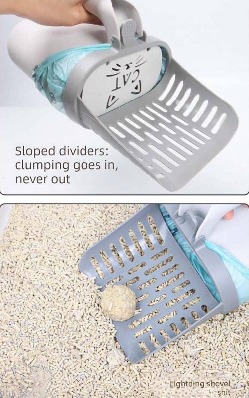 2-in-1 Cat Litter Scoop with Integrated Waste Bin & 1 Roll Refill Bags Detachable Sifter Shovel Anti-Reflux Baffle Grey