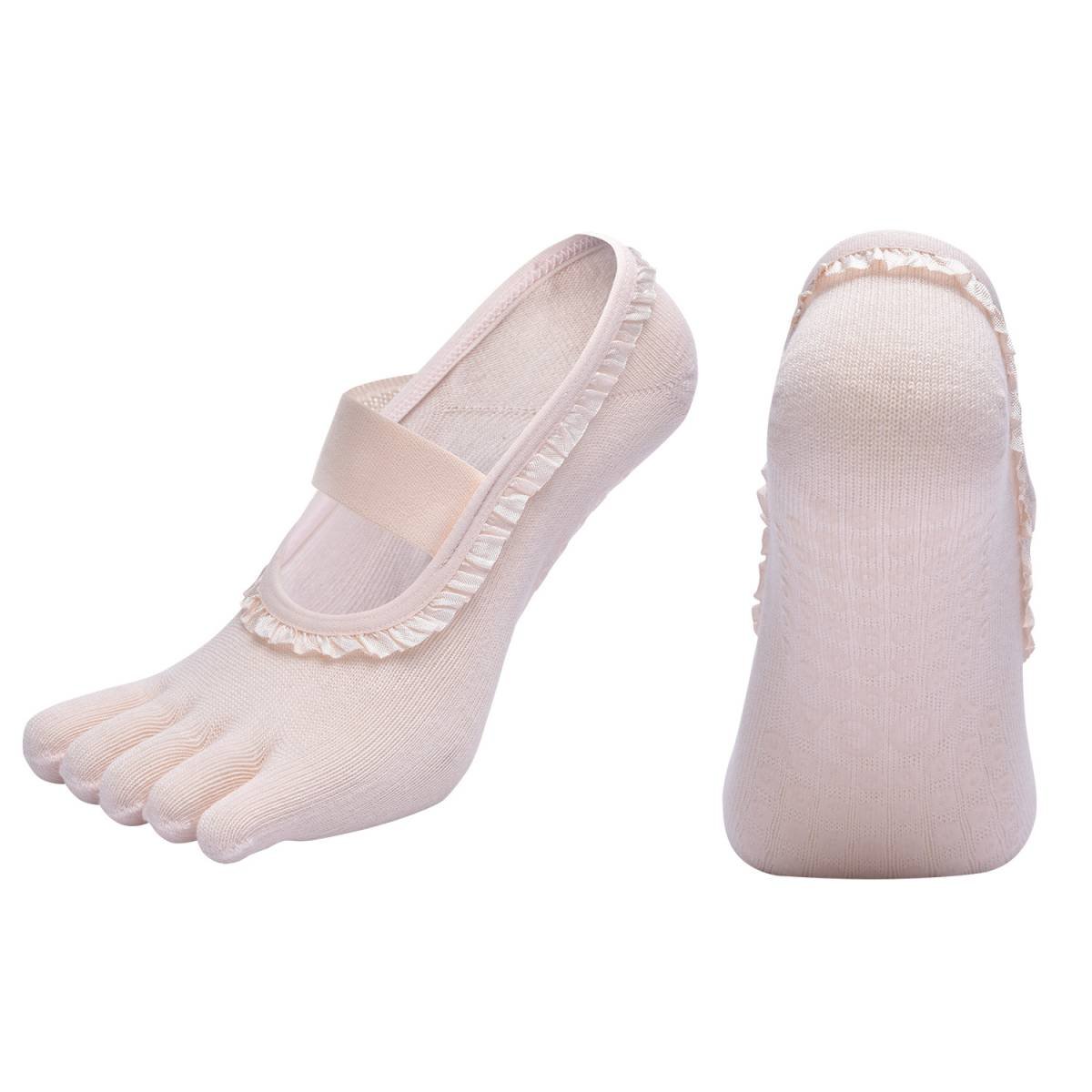 Beige 2pcs Women's 5-Finger Ballet Style Yoga Socks - Non-Slip Grip Pilates & Dance Socks with Elegant Lace Trim and Elastic Cross Strap