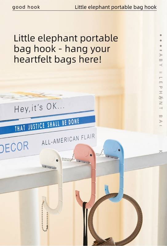 Cartoon Elephant Desk Side Bag Hook White Portable Adhesive Schoolbag Hanger No-Drill Movable Table Hook for Students and Office