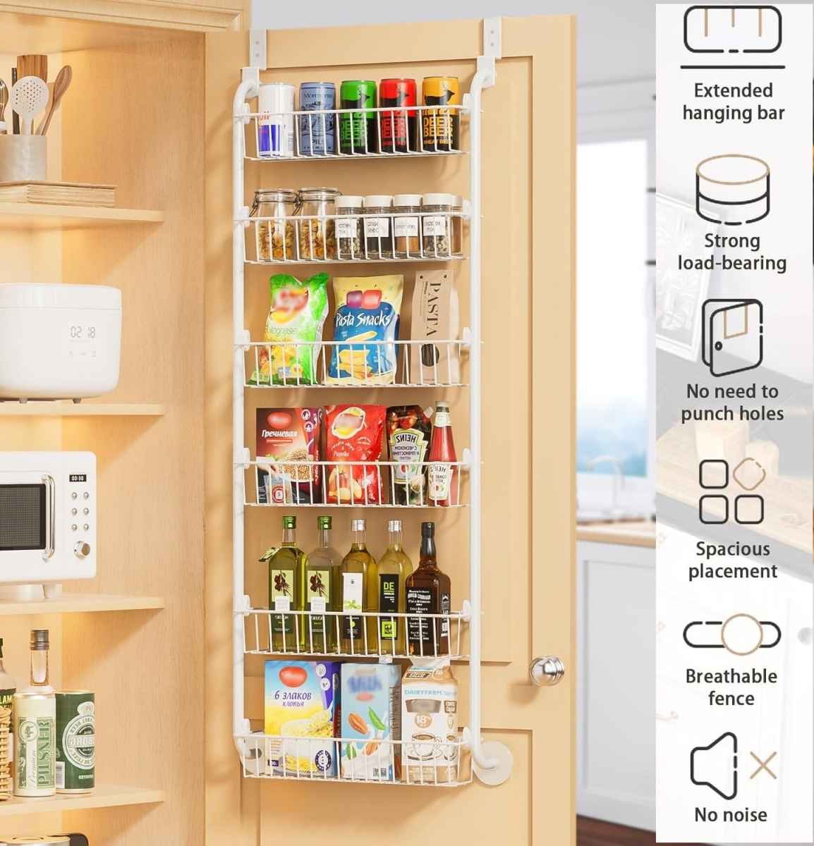 CARLA HOME 6-Tier Over the Door Organizer Heavy-Duty Metal Pantry Rack with Hanging Baskets for Home Kitchen Storage & Bathroom Door Organization (White)