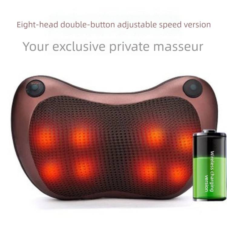 Cordless Rechargeable Shiatsu Massage Pillow - 8 Node Deep Kneading Neck & Back Massager with Heat - Wireless Portable Cushion for Home Car & Travel - Brown