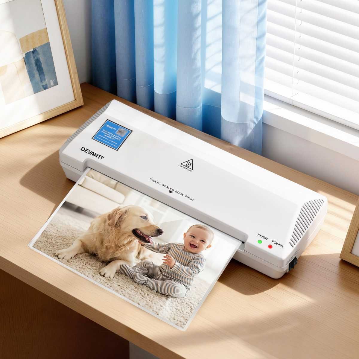 Devanti A4 Laminator Machine, Hot & Cold Thermal Fast Lamination Anti-Jam Laminator for Office School Home Document Photo Card Handmade A4 A5 A6, White