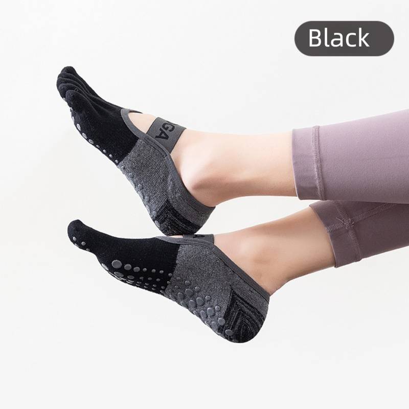 3-PCS Black Anti-Slip Yoga Socks 5 Toe Low Cut Grips Cotton Pilates Socks Breathable for Women Fitness Dance Barre and Home Workout