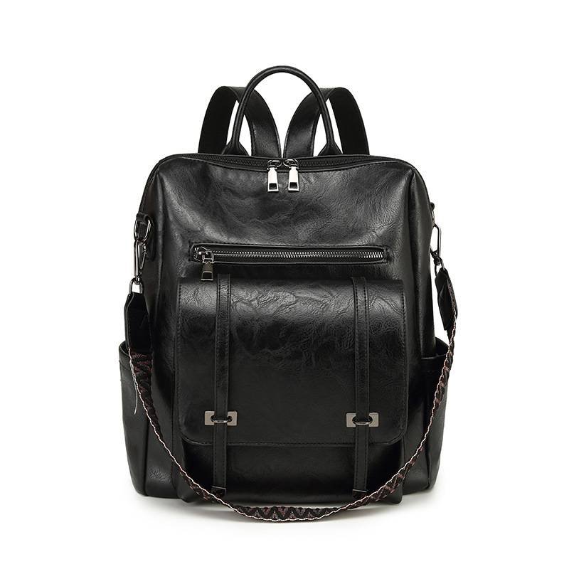 Black Retro Soft PU Leather Backpack for Women - Water-Resistant Large Capacity Travel Rucksack with Dual Detachable Straps
