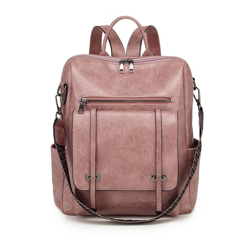 Pink Retro Soft PU Leather Backpack for Women - Water-Resistant Large Capacity Travel Rucksack with Dual Detachable Straps